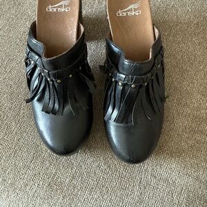 Dansko Black Leather Fringe Mules with Stud Accents